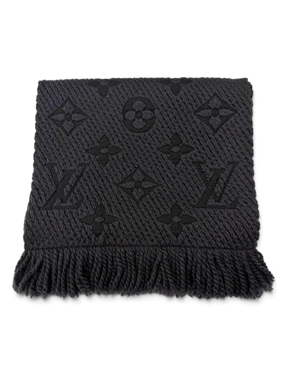 Louis Vuitton Echarpe Logomania Wool Silk Anthracite Monogram Scarf with Fringe